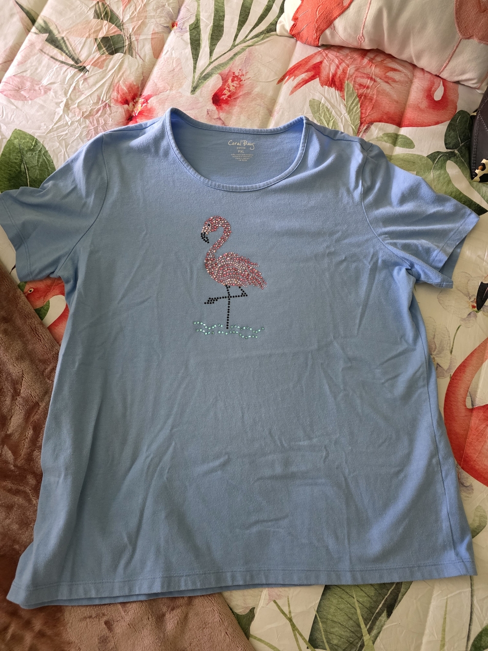 Coral Bay Light Blue Tee with Pink Rhinestone Flamingo